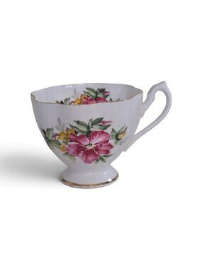 Vintage Queen Anne Fine Bone China Footed Teacup Pink Floral Gold Gilt England